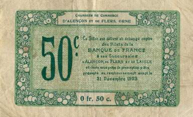 Billet des Chambres de Commerce d'Alen�on et de Flers - 50 centimes - d�lib�ration du 10 ao�t 1915 - remboursement avant le 31 d�cembre 1923 - s�rie 5-G-2