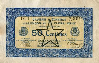 Billet des Chambres de Commerce d'Alen�on et de Flers - 50 centimes - d�lib�ration du 10 ao�t 1915 - remboursement avant le 31 d�cembre 1922 - s�rie D-1