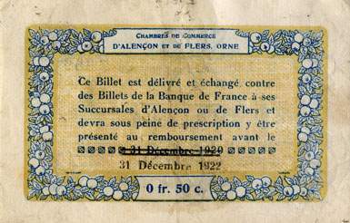 Billet des Chambres de Commerce d'Alen�on et de Flers - 50 centimes - d�lib�ration du 10 ao�t 1915 - remboursement avant le 31 d�cembre 1922 - s�rie D-1