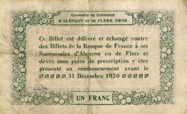 Billet des Chambres de Commerce d'Alen�on et de Flers - 1 franc - d�lib�ration du 10 ao�t 1915 - remboursement avant le 31 d�cembre 1920 - s�rie 2-K-1