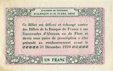 Billet des Chambres de Commerce d'Alen�on et de Flers - 1 franc - d�lib�ration du 10 ao�t 1915 - remboursement avant le 31 d�cembre 1920 - s�rie 2-O-2