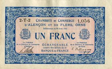 Billet des Chambres de Commerce d'Alen�on et de Flers - 1 franc - d�lib�ration du 10 ao�t 1915 - remboursement avant le 31 d�cembre 1920 - s�rie 2-T-2