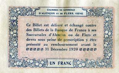 Billet des Chambres de Commerce d'Alen�on et de Flers - 1 franc - d�lib�ration du 10 ao�t 1915 - remboursement avant le 31 d�cembre 1920 - s�rie 2-TO-2