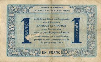 Billet des Chambres de Commerce d'Alen�on et de Flers - 1 franc - d�lib�ration du 10 ao�t 1915 - remboursement avant le 31 d�cembre 1923 - s�rie 5-M-1