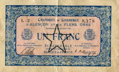 Billet des Chambres de Commerce d'Alen�on et de Flers - 1 franc - d�lib�ration du 10 ao�t 1915 - remboursement avant le 31 d�cembre 1922 - s�rie L-2