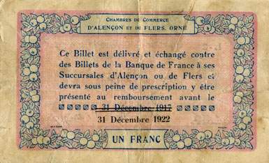 Billet des Chambres de Commerce d'Alen�on et de Flers - 1 franc - d�lib�ration du 10 ao�t 1915 - remboursement avant le 31 d�cembre 1922 - s�rie L-2