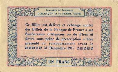 Billet des Chambres de Commerce d'Alen�on et de Flers - 1 franc - d�lib�ration du 10 ao�t 1915 - remboursement avant le 31 d�cembre 1917 - s�rie P-1 - num�ro 3,358