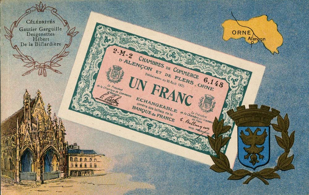 Carte postale repr�sentant un billet de > franc des Chambres de Commerce d'Alen�on et de Flers - d�lib�ration du 10 ao�t 1915 - n� 6,148