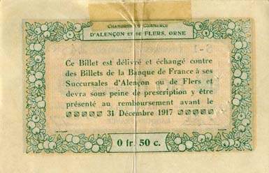 Billet des Chambres de Commerce d'Alen�on et de Flers - 50 centimes - d�lib�ration du 10 ao�t 1915 - remboursement avant le 31 d�cembre 1917