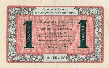 Billet des Chambres de Commerce d'Alen�on et de Flers - 1 franc - d�lib�ration du 10 ao�t 1915 - remboursement avant le 31 d�cembre 1923 - s�rie 4-U-2