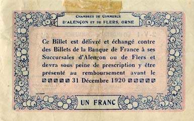Billet des Chambres de Commerce d'Alen�on et de Flers - 1 franc - d�lib�ration du 10 ao�t 1915 - remboursement avant le 31 d�cembre 1920 - s�rie 2-V-1
