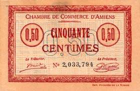 Billet de la Chambre de Commerce d'Amiens - 50 centimes 1915 - inscription au dos sur 3 lignes et signature du Pr�sident Patte