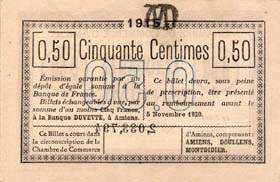 Billet de la Chambre de Commerce d'Amiens - 50 centimes 1915 - inscription au dos sur 3 lignes et signature du Pr�sident Patte