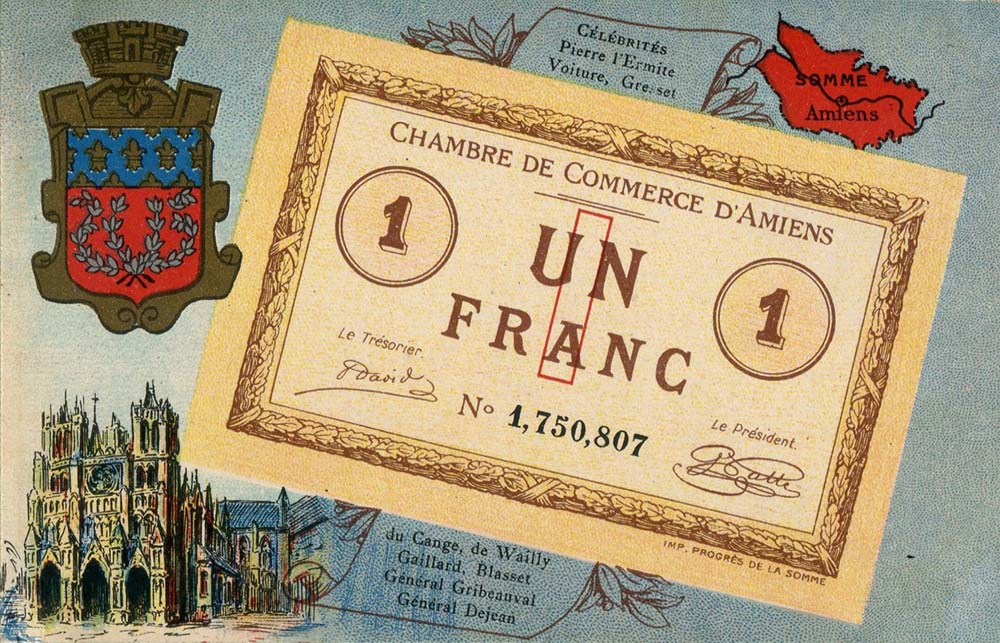 Carte postale repr�sentant un billet de 1 franc n� 1,750,807 de la Chambre de Commerce d'Amiens