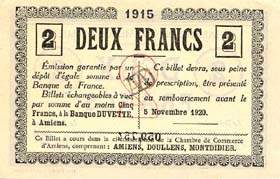 Billet de la Chambre de Commerce d'Amiens - 2 francs 1915 inscription au dos sur 2 lignes et AMD en noir