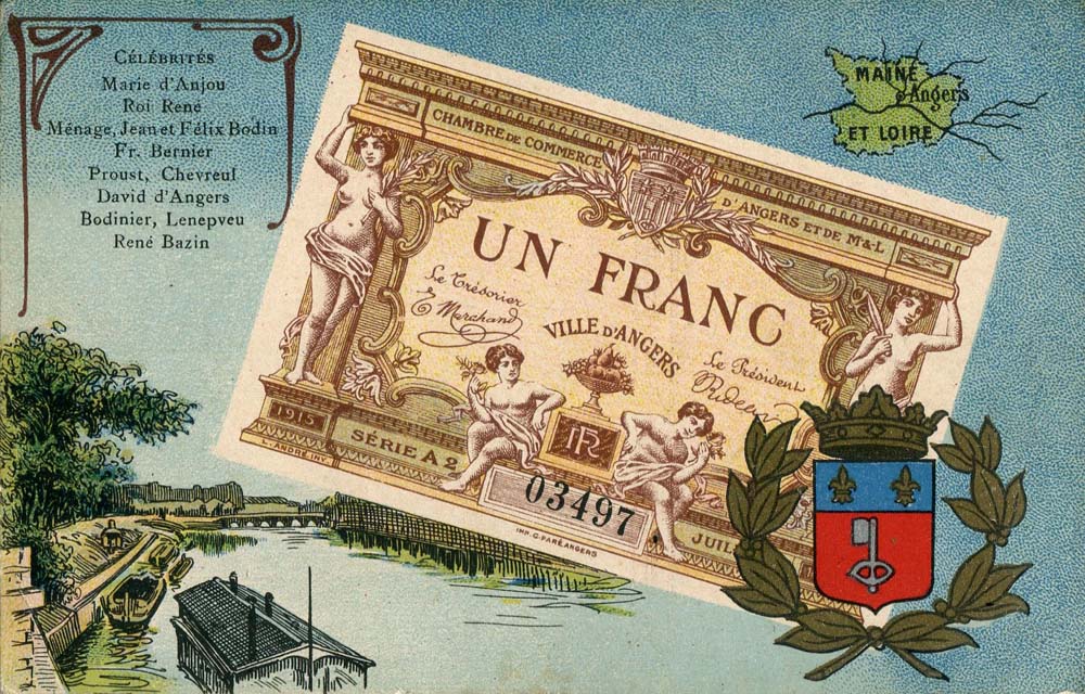 Carte postale repr�sentant un billet de 1 franc 1915 s�rie A2 n� 03497 de la Chambre de Commerce d'Angers