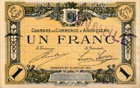 Billet de la Chambre de Commerce d'Angoul�me - 1 franc - �mission du 15 janvier 1915 - 1�re s�rie - sp�cimen annul�