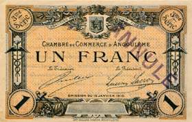 Billet de la Chambre de Commerce d'Angoul�me - 1 franc - �mission du 15 janvier 1915 - 3�me s�rie - sp�cimen annul�