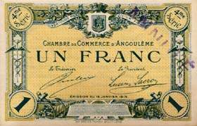 Billet de la Chambre de Commerce d'Angoul�me - 1 franc - 4�me s�rie avec texte au verso avec guillemets - sp�cimen annul�