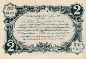 Billet de la Chambre de Commerce d'Angoul�me - 2 franc - d�lib�ration du 11 avril 1917 - 5�me s�rie - avec lettre A