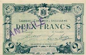 Billet de la Chambre de Commerce d'Angoul�me - 2 francs - 4�me s�rie avec texte au verso avec guillemets - sp�cimen annul�