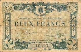 Billet de la Chambre de Commerce d'Angoul�me - 2 francs avec texte au verso sans guillemets