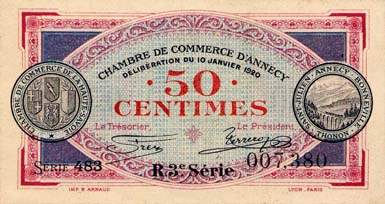 Billet de la Chambre de Commerce d'Annecy - 50 centimes - d�lib�ration du 10 janvier 1920