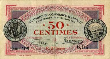 Billet de la Chambre de Commerce d'Annecy - 50 centimes - d�lib�ration du 24 octobre 1917 - R.2e s�rie - s�rie 406 - n� 6,041
