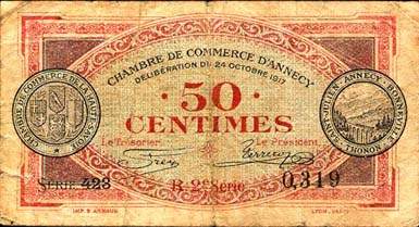 Billet de la Chambre de Commerce d'Annecy - 50 centimes - d�lib�ration du 24 octobre 1917 - R.2e s�rie - s�rie 423 - n� 0,319