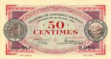 Billet de la Chambre de Commerce d'Annecy - 50 centimes - d�lib�ration du 26 avril 1916