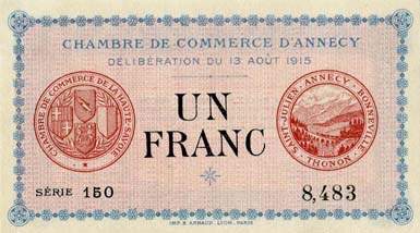 Billet de la Chambre de Commerce d'Annecy - 1 franc - délibération du 13 août 1915 - série 150