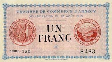 Billet de la Chambre de Commerce d'Annecy - 1 franc - d�lib�ration du 13 ao�t 1915 - s�rie 150