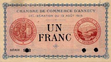 Billet de la Chambre de Commerce d'Annecy - 1 franc - d�lib�ration du 13 ao�t 1915 - s�rie 102 - sp�cimen annul�