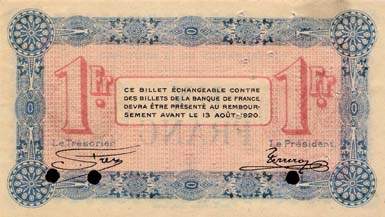 Billet de la Chambre de Commerce d'Annecy - 1 franc - d�lib�ration du 13 ao�t 1915 - s�rie 102 - sp�cimen annul�