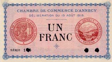 Billet de la Chambre de Commerce d'Annecy - 1 franc - délibération du 13 août 1915 - série 103 - spécimen annulé