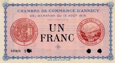 Billet de la Chambre de Commerce d'Annecy - 1 franc - d�lib�ration du 13 ao�t 1915 - s�rie 103 - sp�cimen annul�