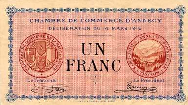 Billet de la Chambre de Commerce d'Annecy - 1 franc - délibération du 14 mars 1916