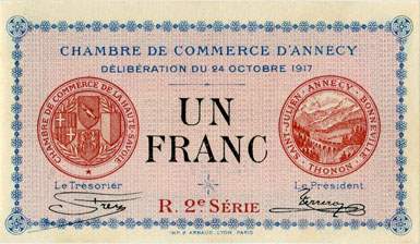 Billet de la Chambre de Commerce d'Annecy - 1 franc - d�lib�ration du 24 octobre 1917 - R.2e s�rie - s�rie 207 - n� 02,427