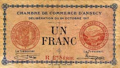 Billet de la Chambre de Commerce d'Annecy - 1 franc - d�lib�ration du 24 octobre 1917 - R.2e s�rie - s�rie 205 - n� 12,758
