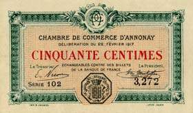 Billet de la Chambre de Commerce d'Annonay - 50 centimes - d�lib�ration du 22 f�vrier 1917 - num�ros � 4 chiffres - avec nom d'imprimeur