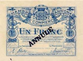 Billet de la Chambre de Commerce d'Annonay - 1 franc - d�lib�ration du 31 ao�t 1914 - sp�cimen annul�