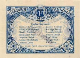Billet de la Chambre de Commerce d'Annonay - 1 franc - d�lib�ration du 31 ao�t 1914 - sp�cimen annul�