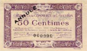 Billet de la Chambre de Commerce de l'Aveyron (Rodez et Millau) - 50 centimes - délibération du 12 mars 1915 - spécimen annulé 000000 - grandes lettres