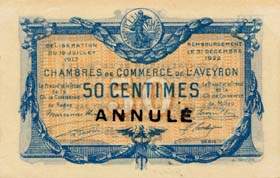 Billet de la Chambre de Commerce de l'Aveyron (Rodez et Millau) - 50 centimes - d�lib�ration du 19 juillet 1917 - sp�cimen annul�