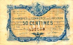 Billet de la Chambre de Commerce de l'Aveyron (Rodez et Millau) - 50 centimes - d�lib�ration du 19 juillet 1917 - s�rie 1