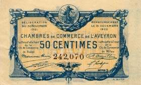 Billet de la Chambre de Commerce de l'Aveyron (Rodez et Millau) - 50 centimes - d�lib�ration du 30 novembre 1921 - s�rie 5
