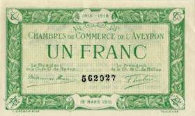 Billet de la Chambre de Commerce de l'Aveyron (Rodez et Millau) - 1 franc - d�lib�ration du 12 mars 1915