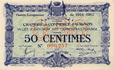 Billet de la Chambre de Commerce d'Avignon - Villes d'Avignon, Apt, Carpentras, Orange - 50 centimes - D�lib�ration du 11 ao�t 1915 - Premi�re �mission de remplacement