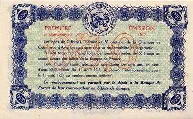 Billet de la Chambre de Commerce d'Avignon - Villes d'Avignon, Apt, Carpentras, Orange - 50 centimes - D�lib�ration du 11 ao�t 1915 - Premi�re �mission de remplacement