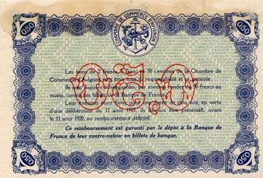 Billet de la Chambre de Commerce d'Avignon - Villes d'Avignon, Apt, Carpentras, Orange - 50 centimes - D�lib�ration du 11 ao�t 1915 - Guerre Europ�enne de 1914-1915